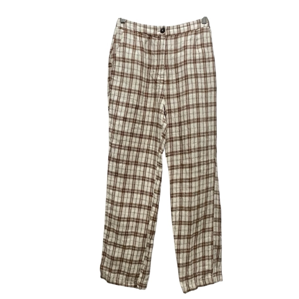 Reformation Verano Brown White Plaid Linen Trousers Size 4